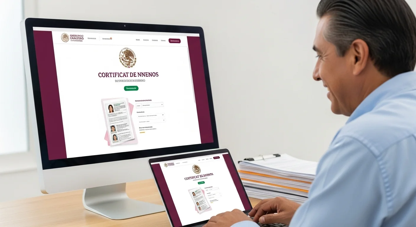 Pantalla de computadora mostrando el portal del Gobierno de México para tramitar la partida de nacimiento, con el logo oficial y un ciudadano interactuando.