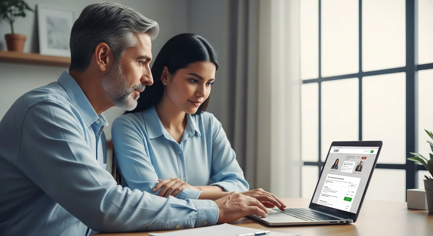 Una pareja consultando una laptop para realizar el trámite de actas de matrimonio en línea a través del portal del gobierno mexicano.