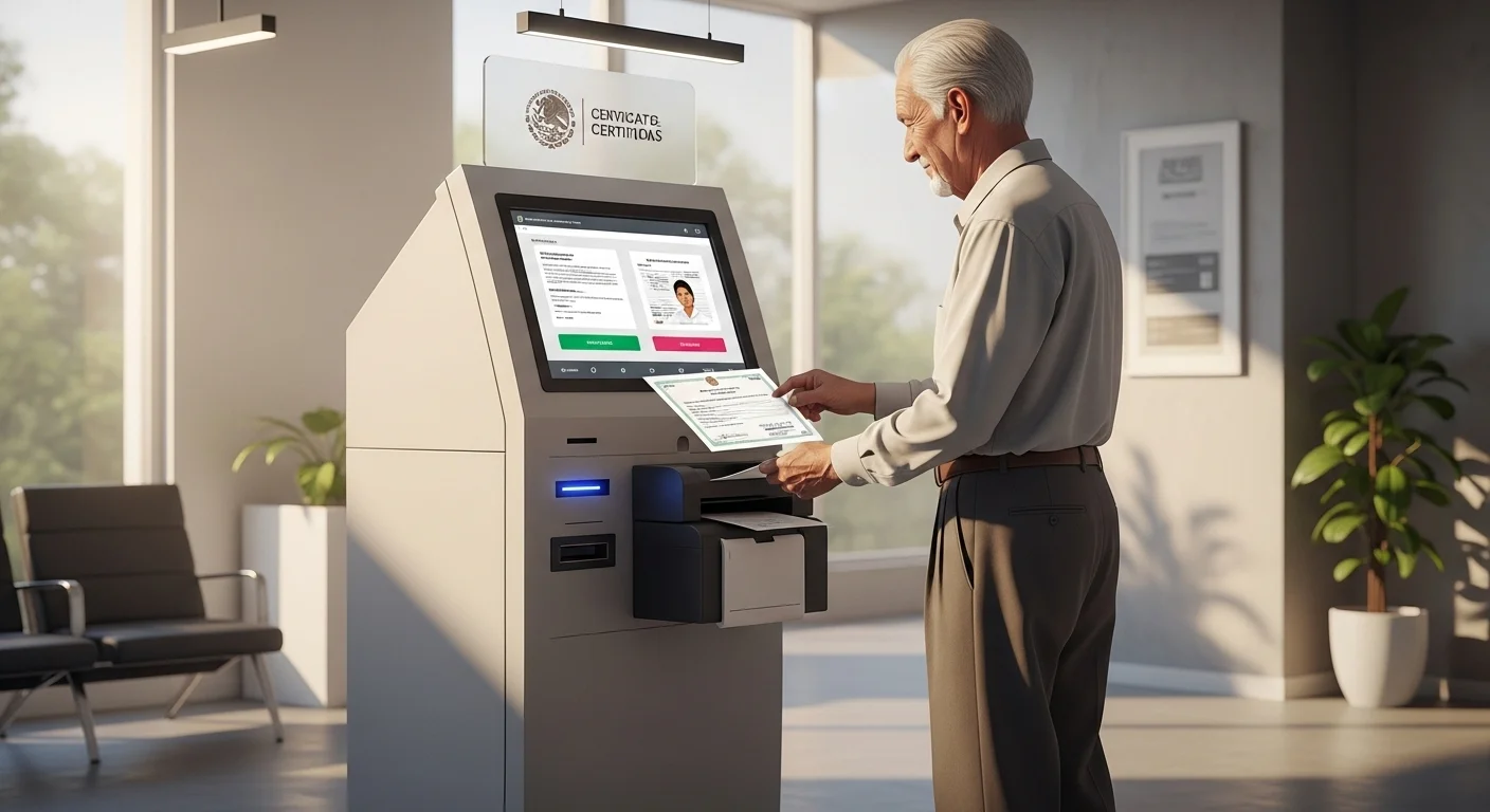 Kiosco digital de servicios del gobierno mexicano donde un ciudadano está imprimiendo su acta de nacimiento certificada.