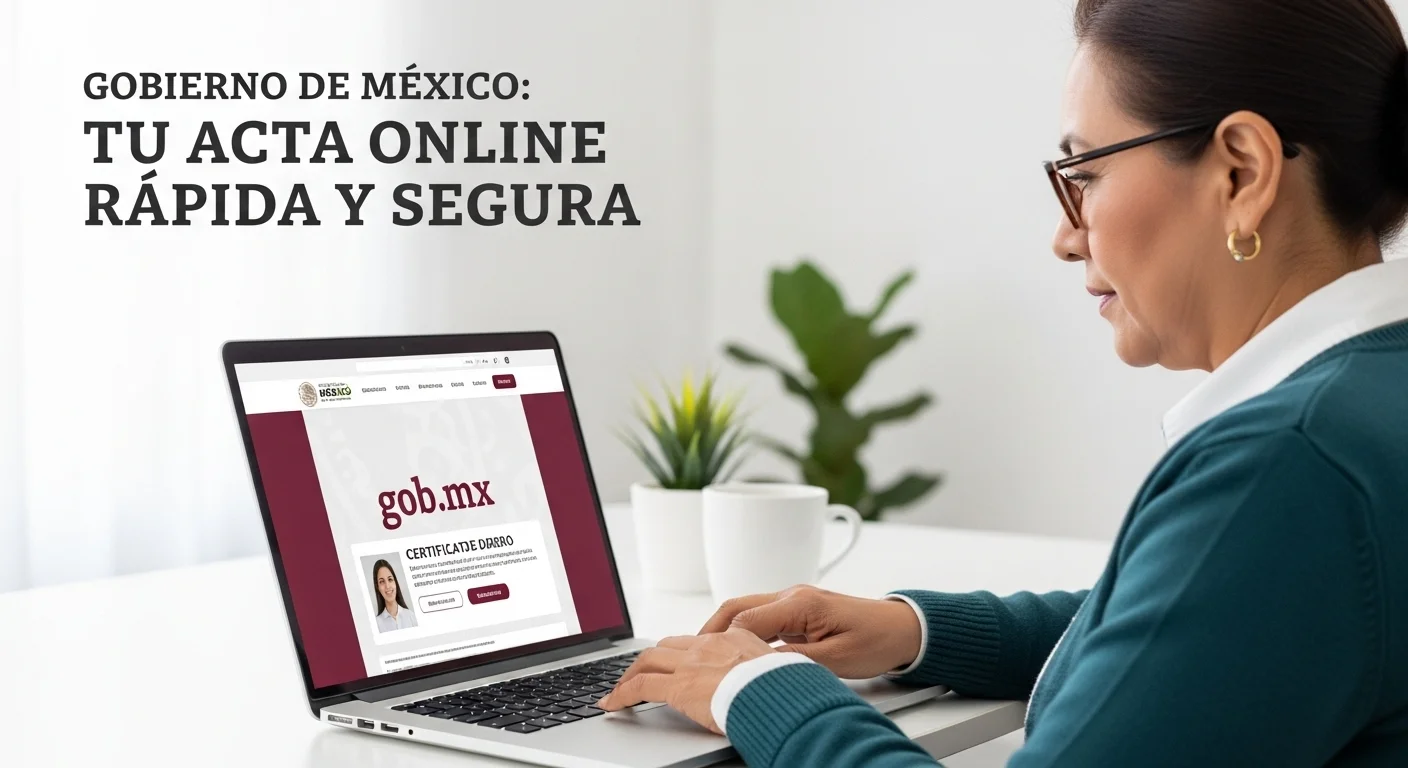 Una persona utilizando una laptop para tramitar su acta de nacimiento online en el portal del gobierno mexicano, con el logo de gob.mx visible.