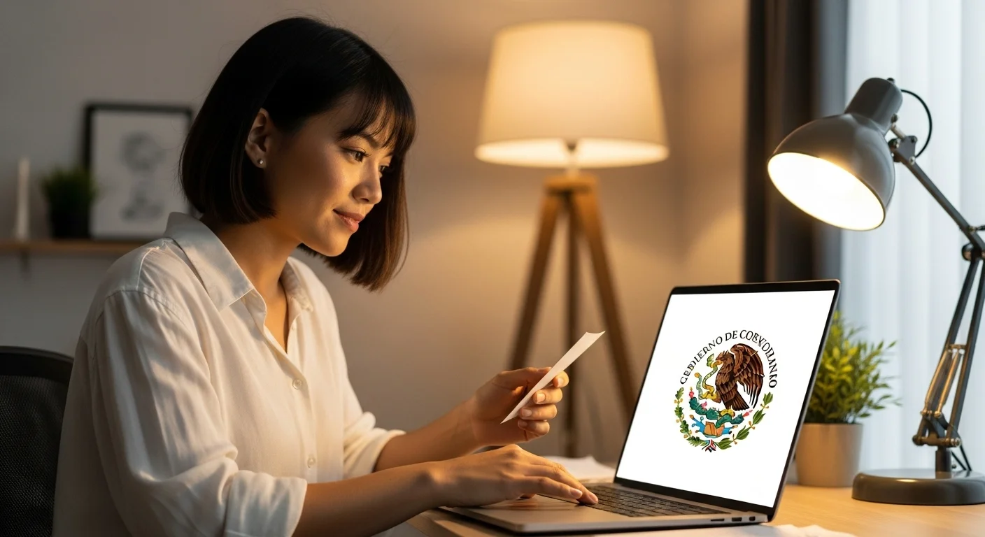 Una persona utilizando una laptop para solicitar su certificado de nacimiento en el portal del gobierno de México, con el escudo nacional visible.