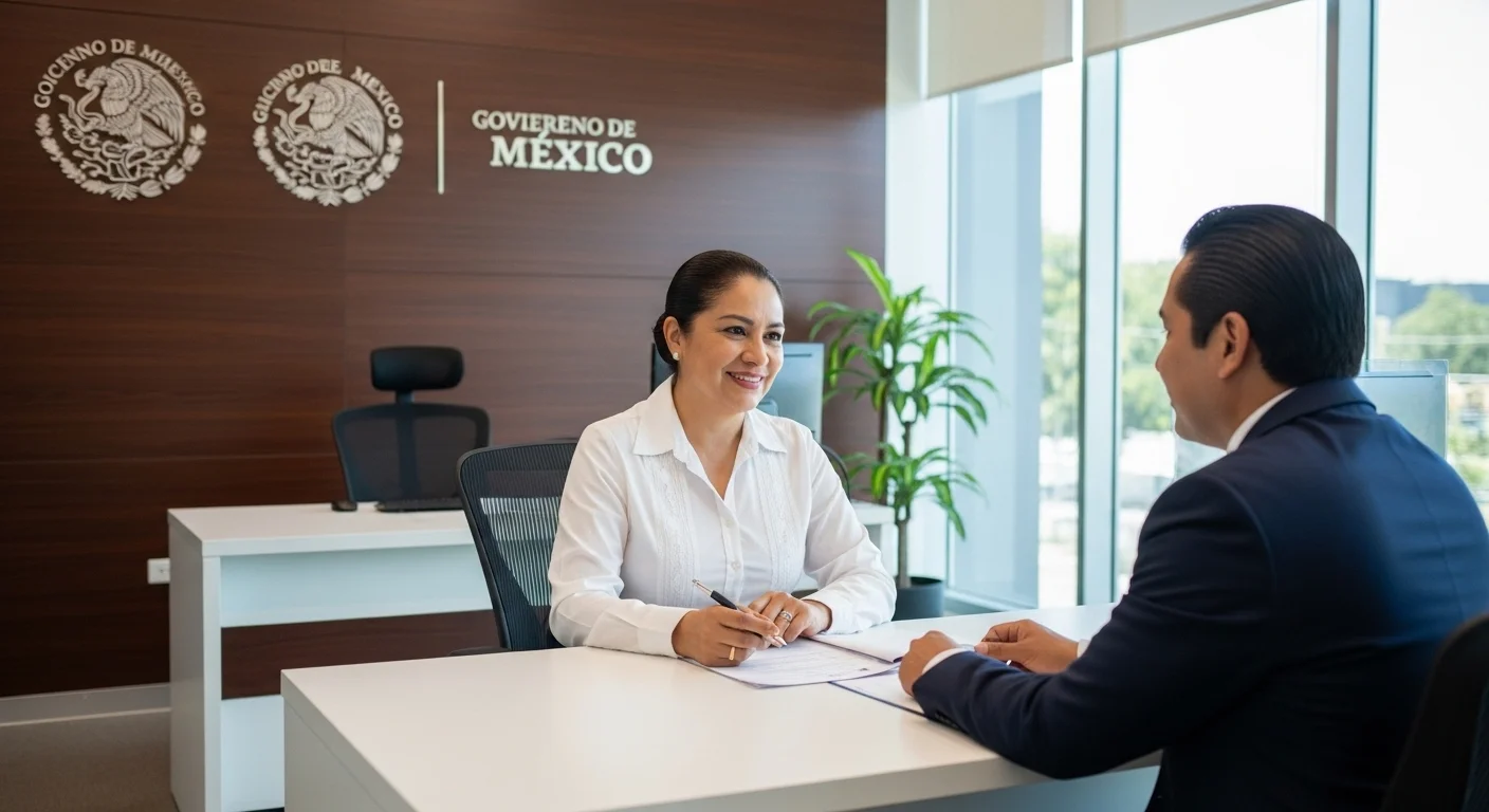 Ciudadano mexicano realizando un trámite de Civil Acta en una oficina del gobierno con logotipos institucionales.