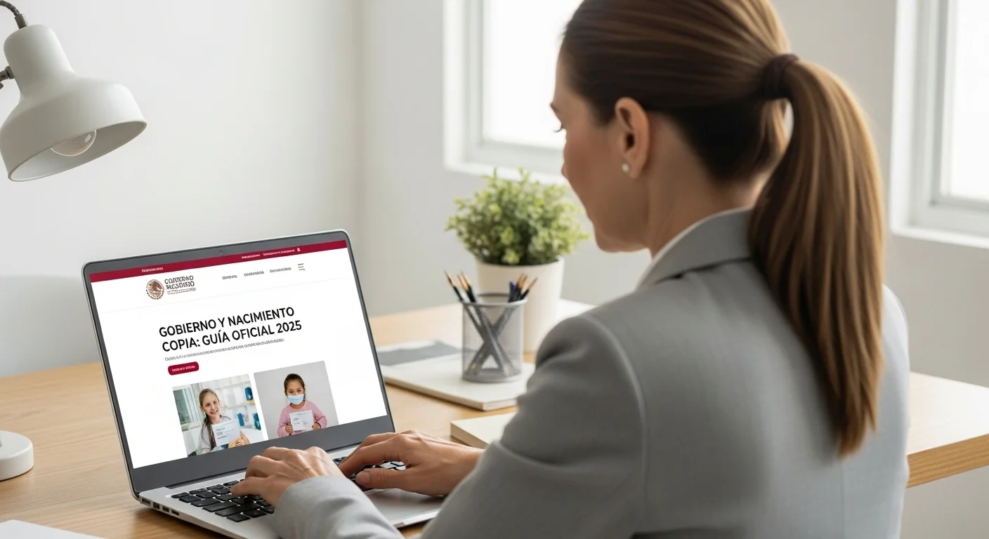 Persona utilizando una computadora portátil para acceder al portal del gobierno de México y solicitar una copia certificada de su acta de nacimiento.