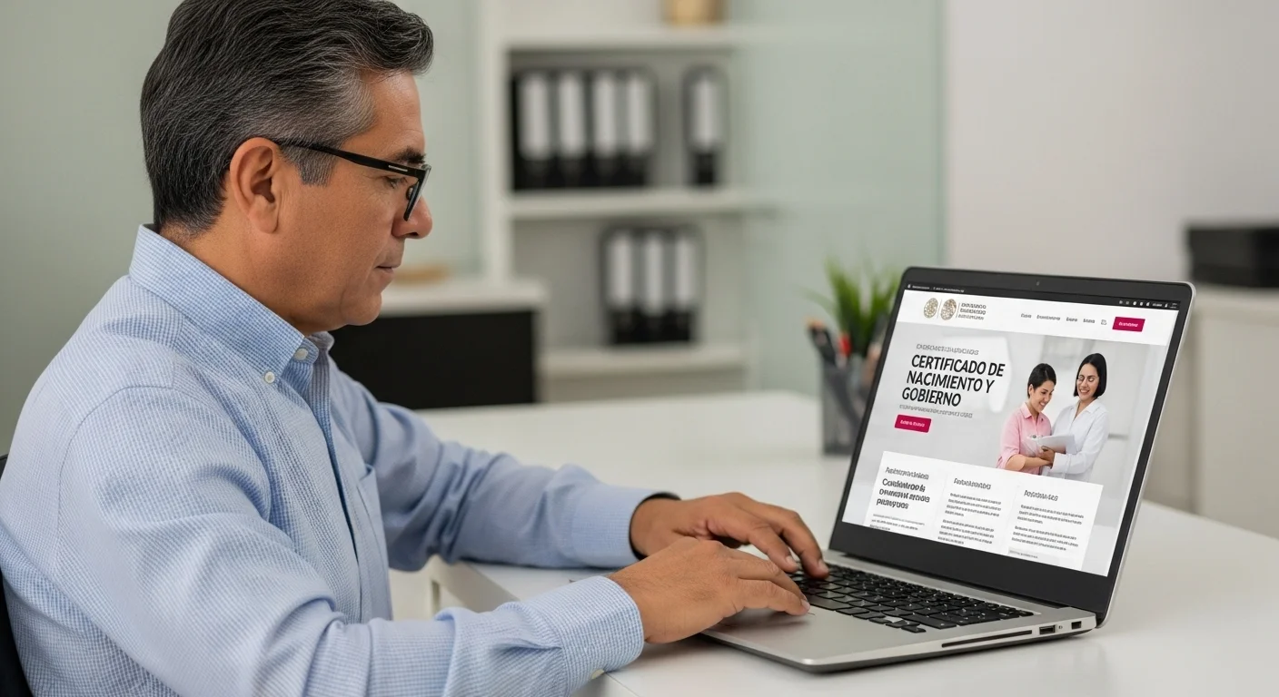 Persona utilizando una laptop para solicitar el certificado de nacimiento en el portal del gobierno de México.