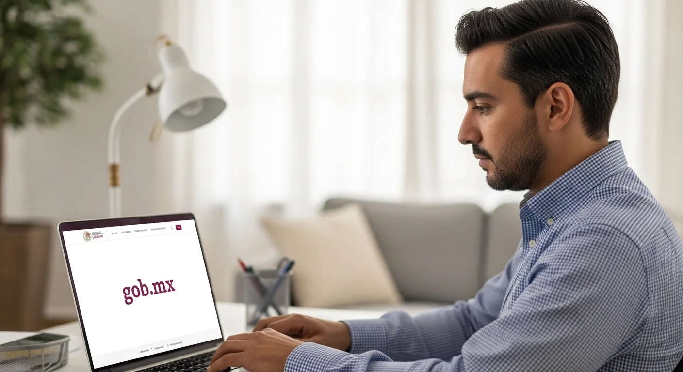 Ciudadano usando una laptop para realizar un trámite en línea en el portal del gobierno mexicano, con el logo de gob.mx visible.