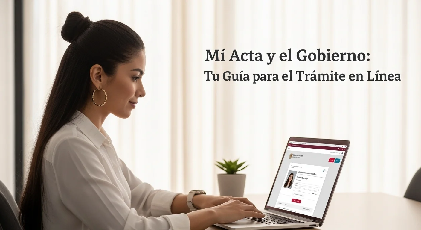 Una persona utilizando una laptop para acceder al portal del Gobierno de México y tramitar Mi Acta de Nacimiento en línea.