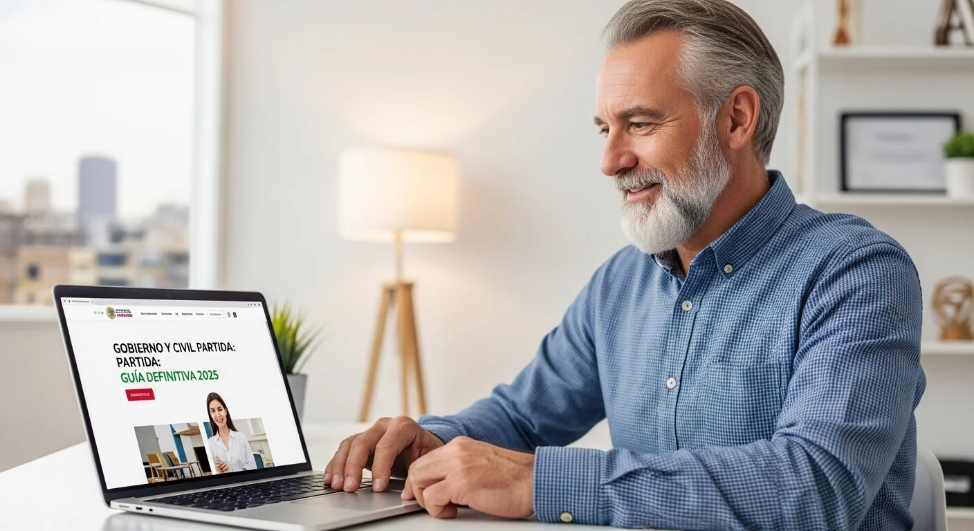 Una persona usando una laptop para acceder al portal del gobierno de México y solicitar su partida de nacimiento en línea.