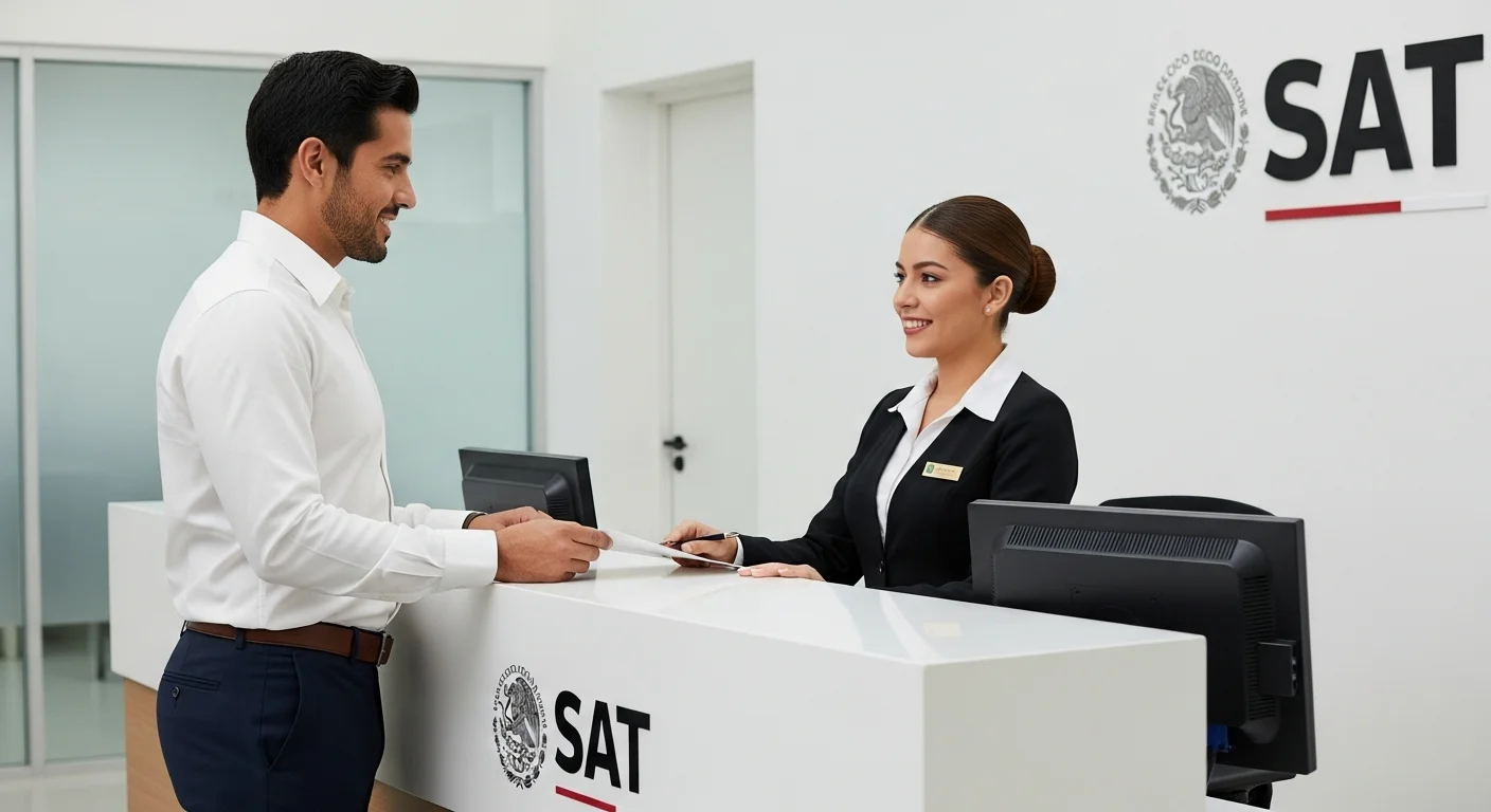 Una persona realizando un trámite en una oficina del SAT, simbolizando la relación entre el gobierno mexicano y el contribuyente.