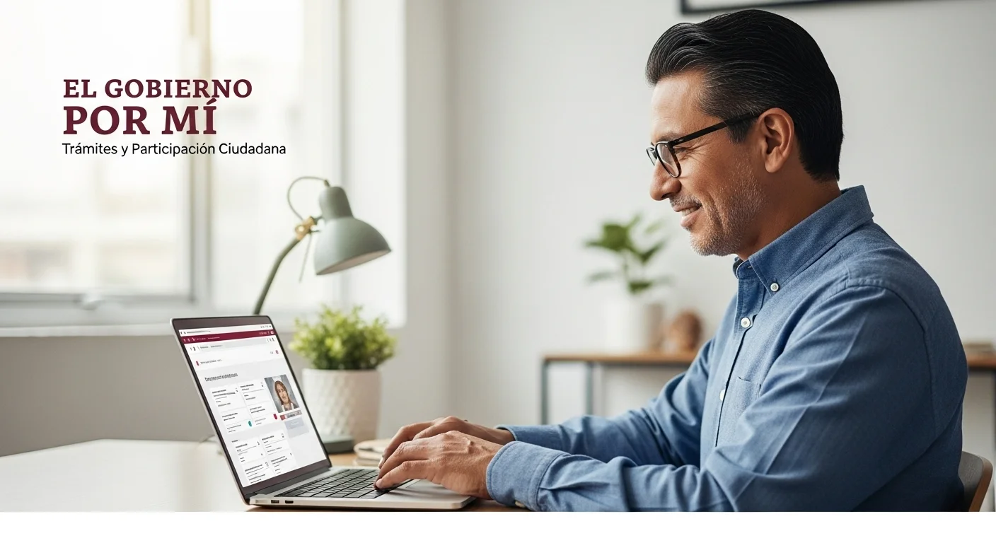 Una persona usando una computadora para realizar trámites del gobierno mexicano en línea, como sacar su acta de nacimiento por internet.