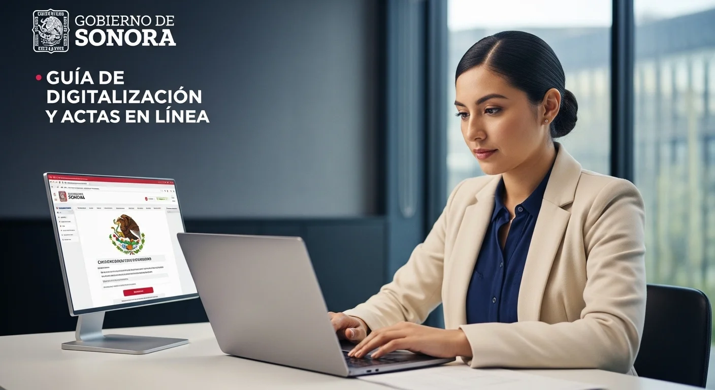 Persona utilizando una laptop para tramitar en línea su acta de nacimiento sonora, simbolizando la digitalización de servicios del gobierno.