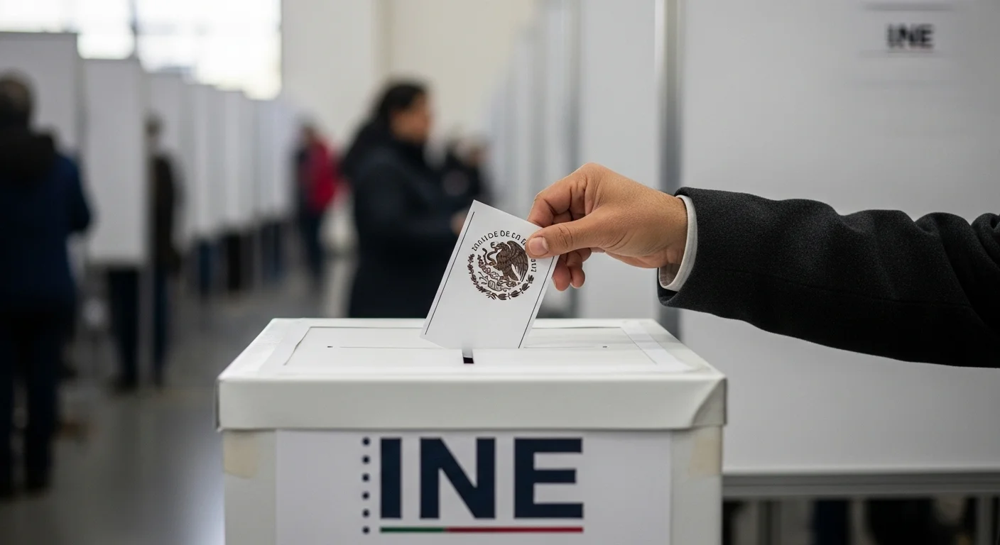 Una mano depositando un voto en una urna del INE durante el dia de elecciones presidenciales en México, representando la democracia.