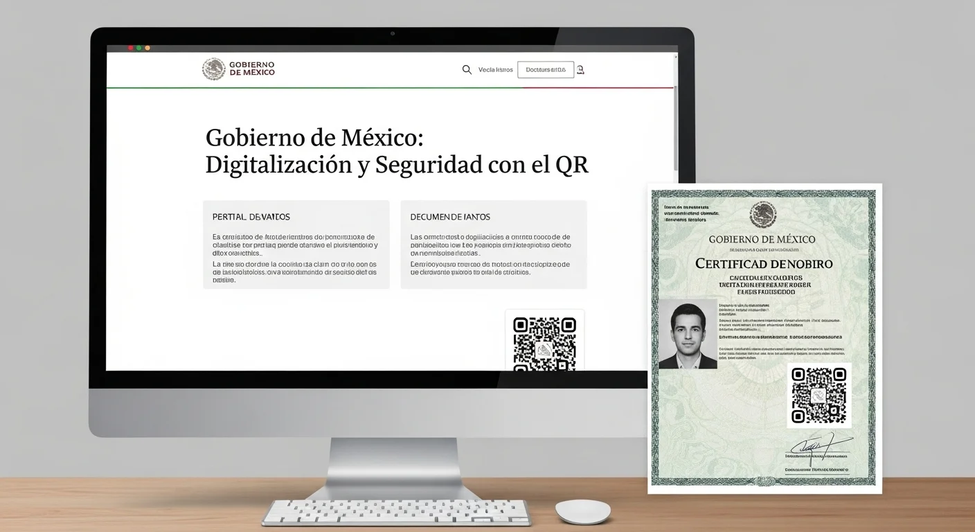 Pantalla de una computadora mostrando el portal de validación de documentos del Gobierno de México, junto a un acta de nacimiento con QR.