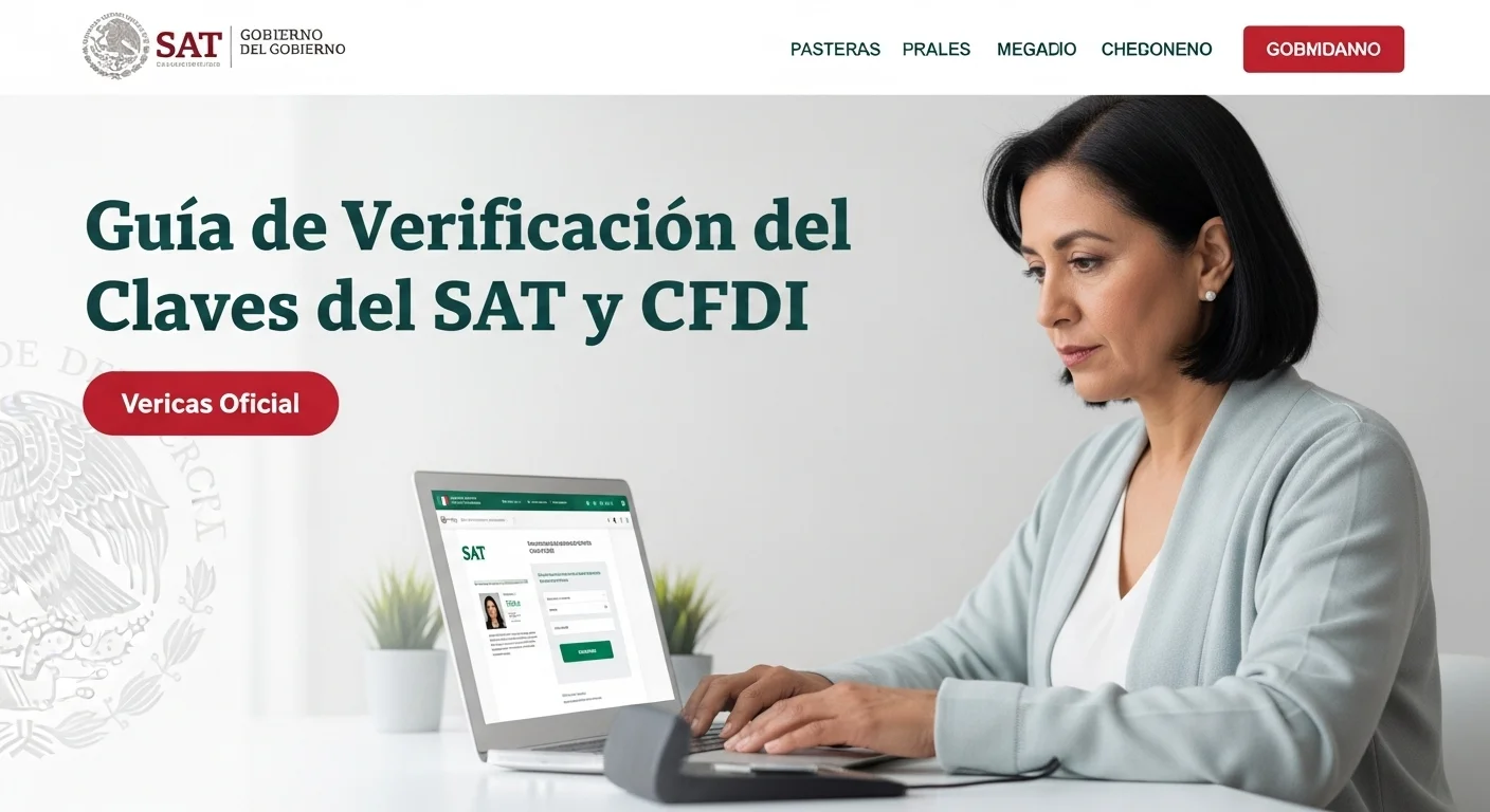 Una persona utilizando una computadora para realizar la verificación de un CFDI en el portal del SAT, con el logo del gobierno de México visible.