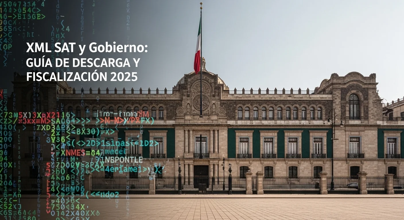 Imagen del Palacio Nacional, sede del gobierno federal de México, con una superposición digital de código XML, simbolizando la fiscalización del SAT.